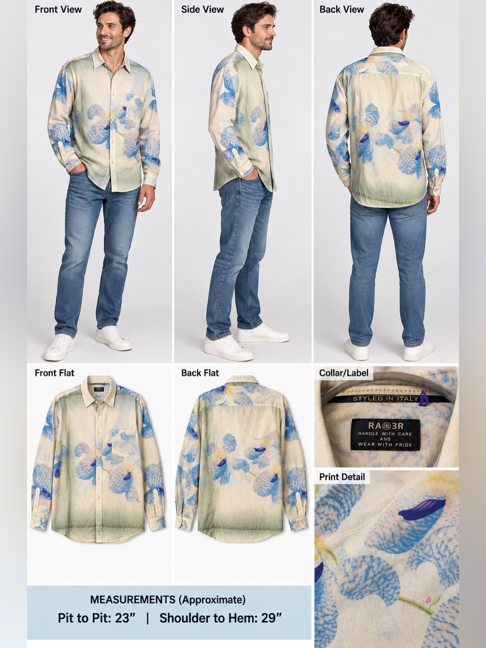 Men’s Rare Editions Cream Button-Down Shirt Large with Blue Floral Motif